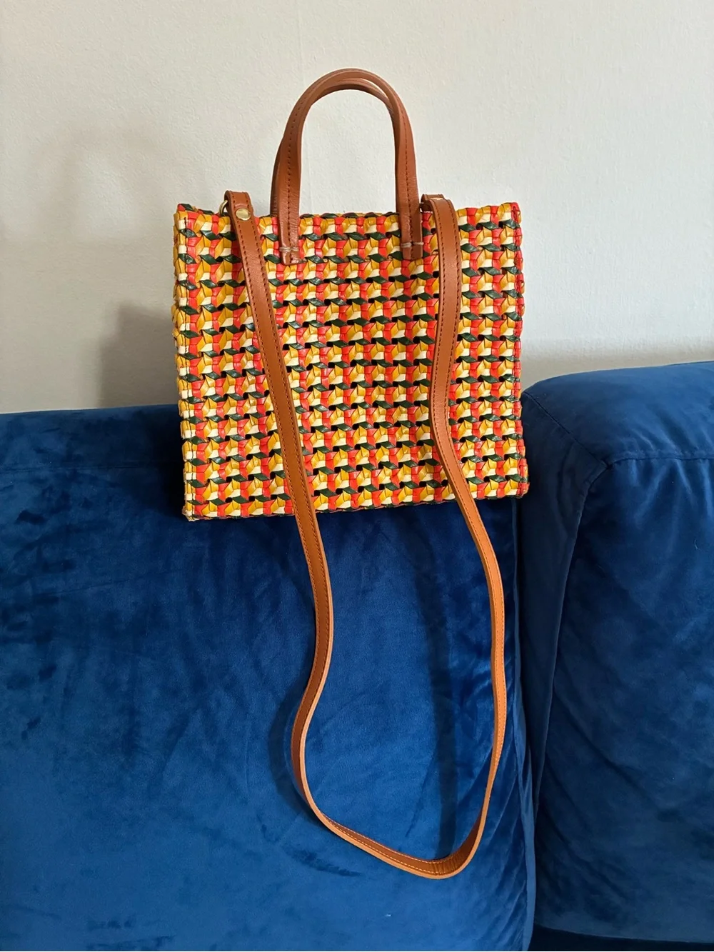 Clare V. Woven Multicolor Leather Bag with Crossbody Strap